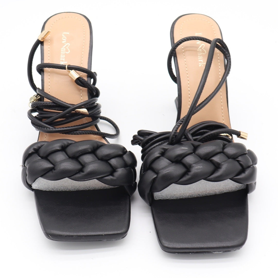 Love Mark Black Braided Lace Up Square Toe Flared Stiletto Sandal Heels Size 8.5
