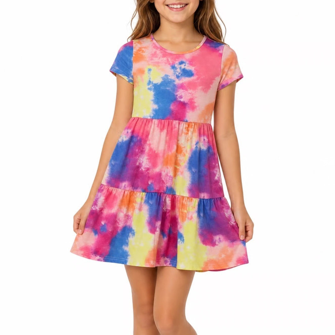SHEIN Girls Multicolor Tie-Dye Tiered Babydoll Dress Short Sleeve Size 8Y