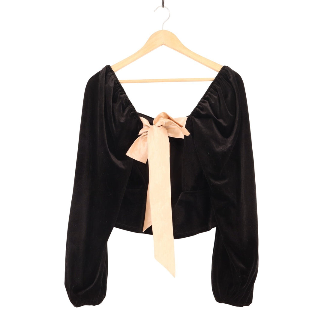 Lulus Exquisite Expectation Top Womens M Black Velvet Tie-Back Balloon Sleeve