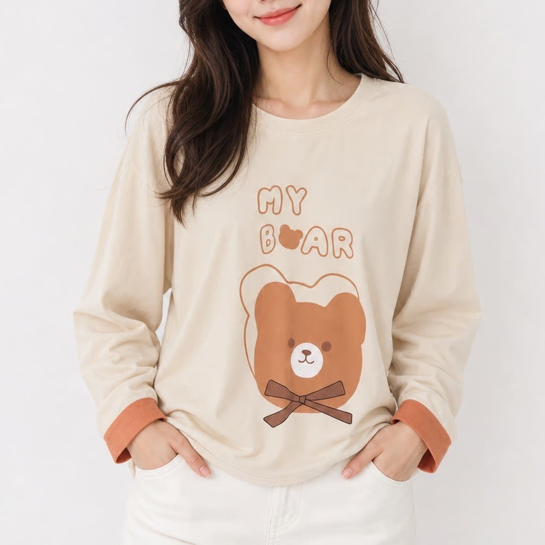 My Bear Graphic Long Sleeve Tee Cream Peach Cuffs Kawaii Top XS