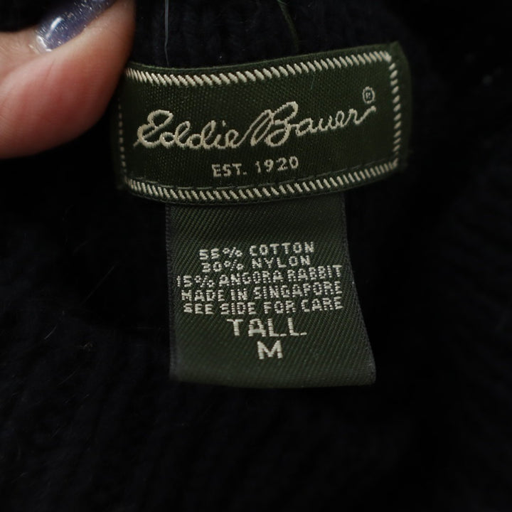 Eddie Bauer Sweater Womens Medium Black Cotton Cable Knit Turtleneck Ribbed