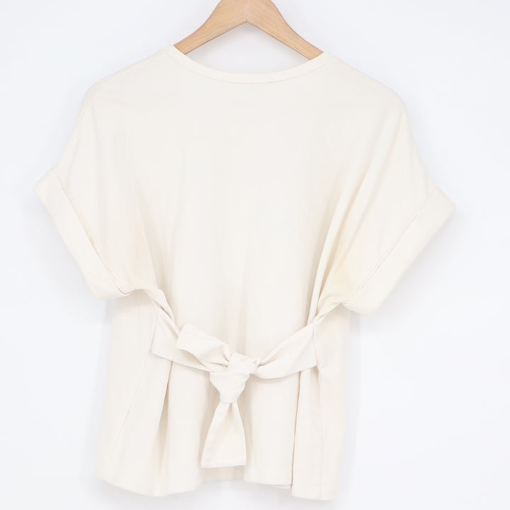 Express Womens Medium Cream Short Sleeve Cuffed Tie Back Knit T-Shirt Top