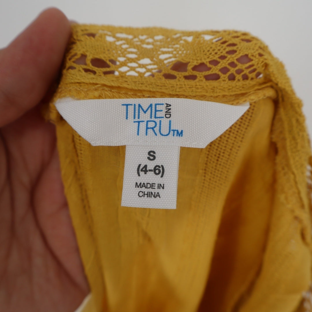 Time and Tru Lace Inset Tunic Top Womens Small(4-6) Yellow Cotton Long Sleeve