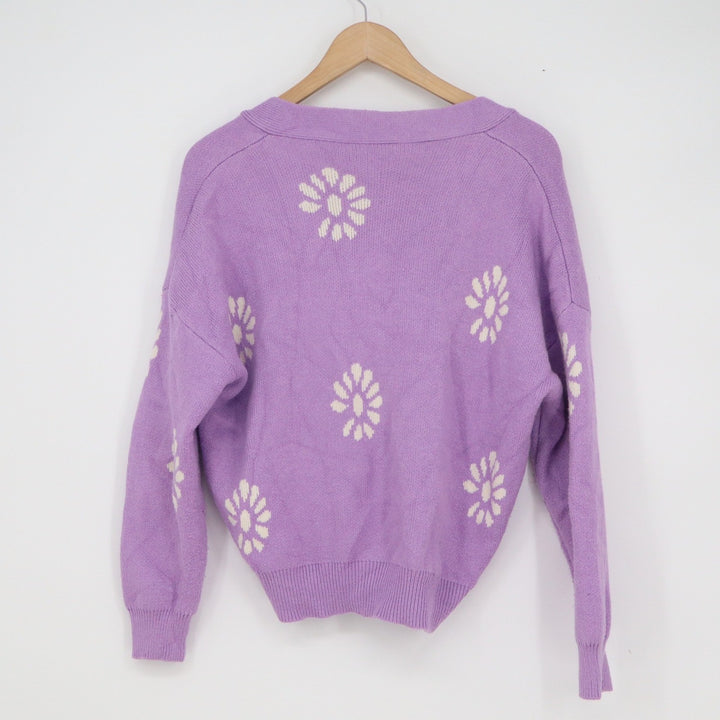 Lavender Purple Daisy Floral Knit V-Neck Single Button Cardigan Sweater Relaxed