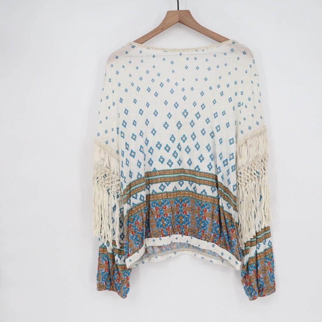 Free People White Blue Diamond Print Boho Fringe Long Sleeve Blouse Top L