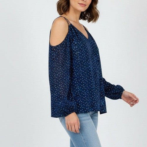 Crescent Navy Blue White Print Cold Shoulder V Neck Spaghetti Strap Blouse Top M