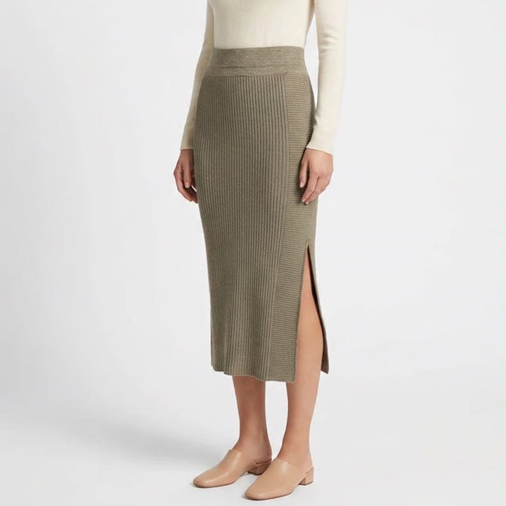 Athleta Straight & Pencil Skirt Womens Medium Brown Nylon Knit Ribbed Side Slit