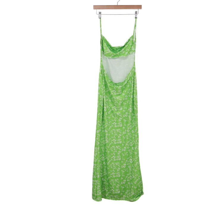 Green Floral Cowl Neck Maxi Dress Open Back Spaghetti Strap Size L