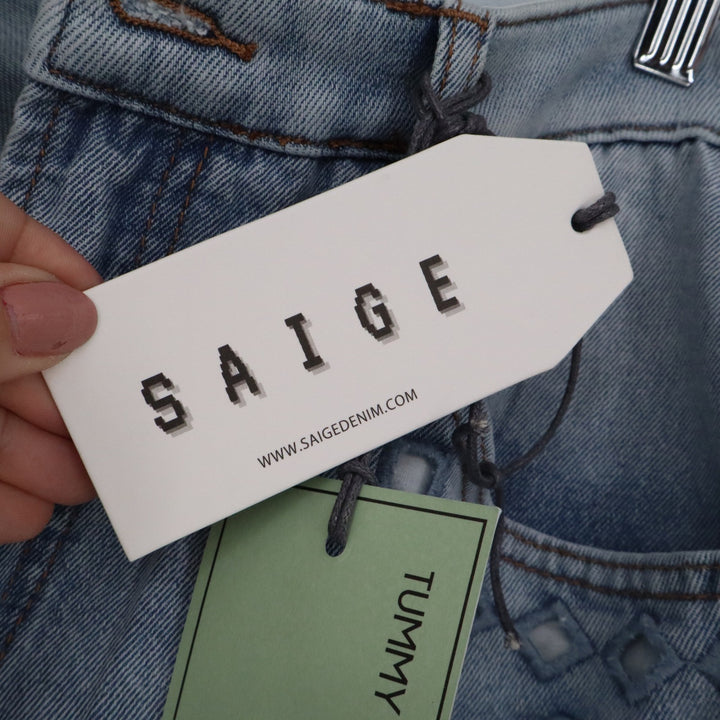 Saige Barrel Jeans Light Wash Floral Eyelet Embroidered Tummy Control 13/31 NEW