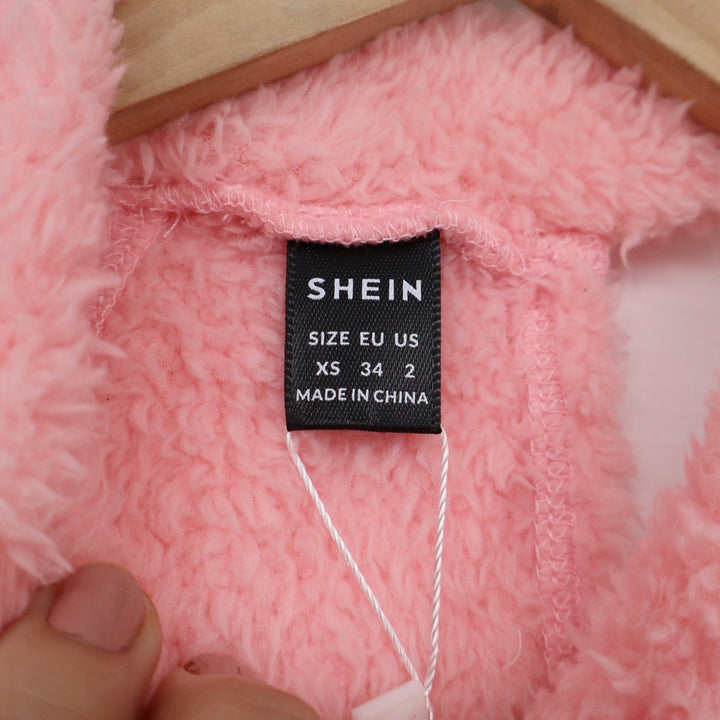 SHEIN EZwear Pink Faux Fur Halter Crop Top XS Teddy Fuzzy High Neck