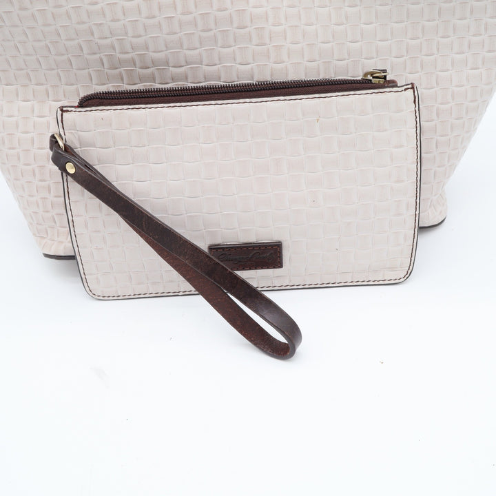 Dooney & Bourke Tote Bag Womens Medium Embossed Weave Cream Brown Leather Good