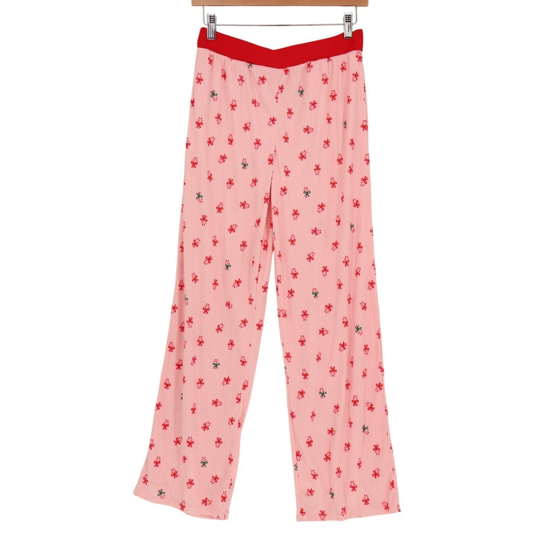 Womens Pajama Pants Small Baby Pink Red Bow Allover Print Stretch Straight Leg