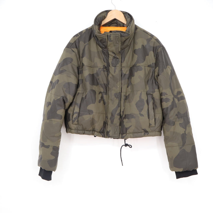 Bagatelle NYC Camo Faux Leather Cropped Puffer Jacket Green Orange Large