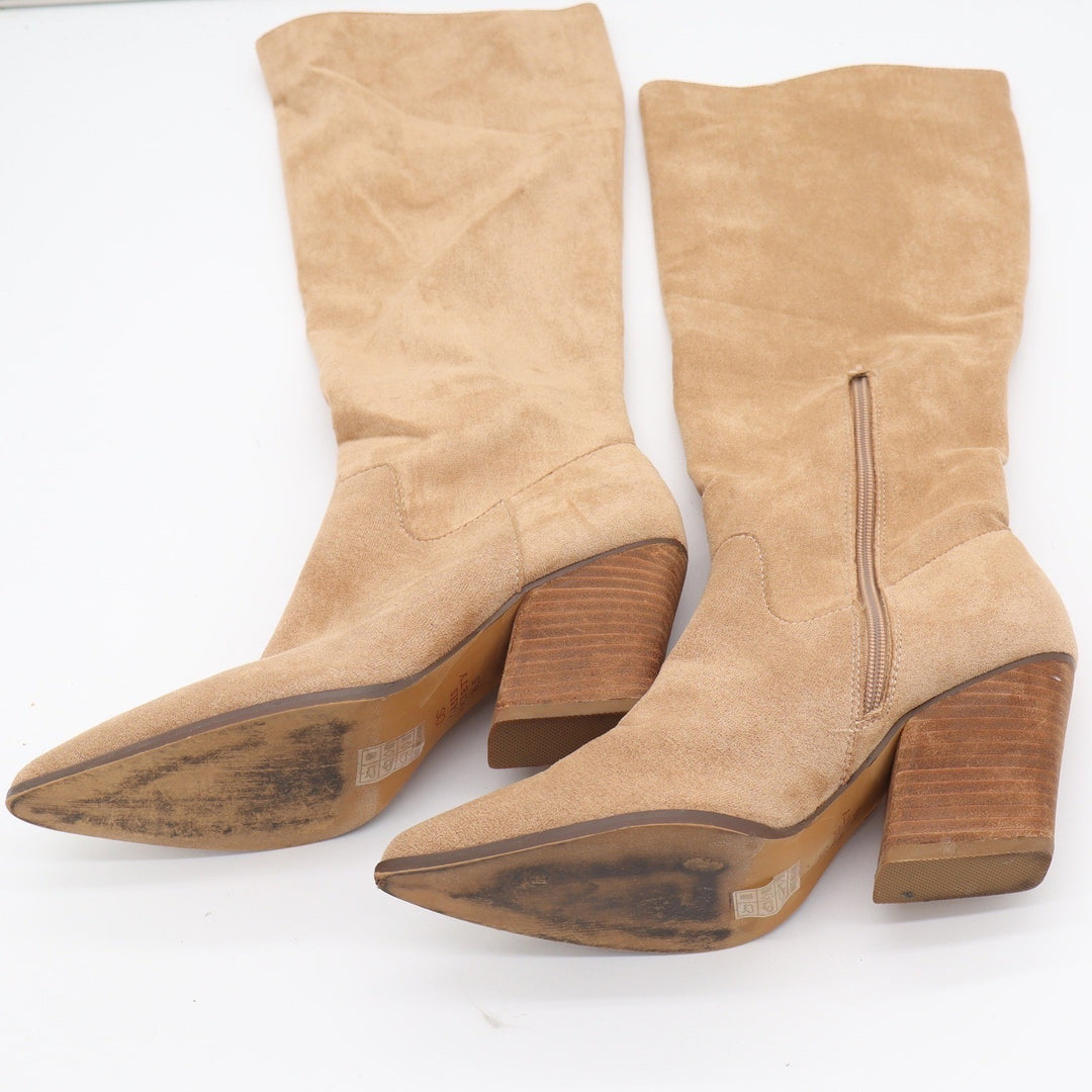 Oasis Society Womens Tan Faux Suede Pointed Toe Block Heel Knee High Boots 8.5