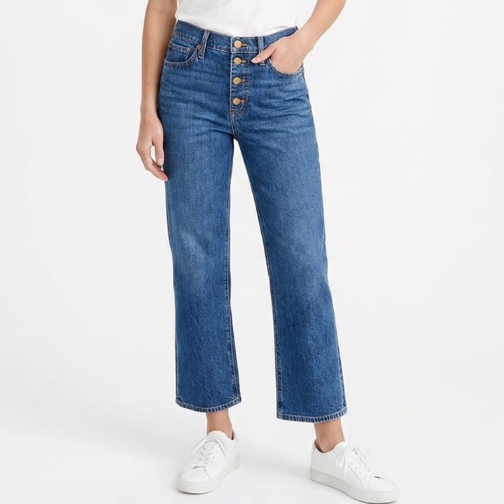 J.Crew Mid-Rise Flare Crop Jeans Blue Button Fly Medium Wash Size 30