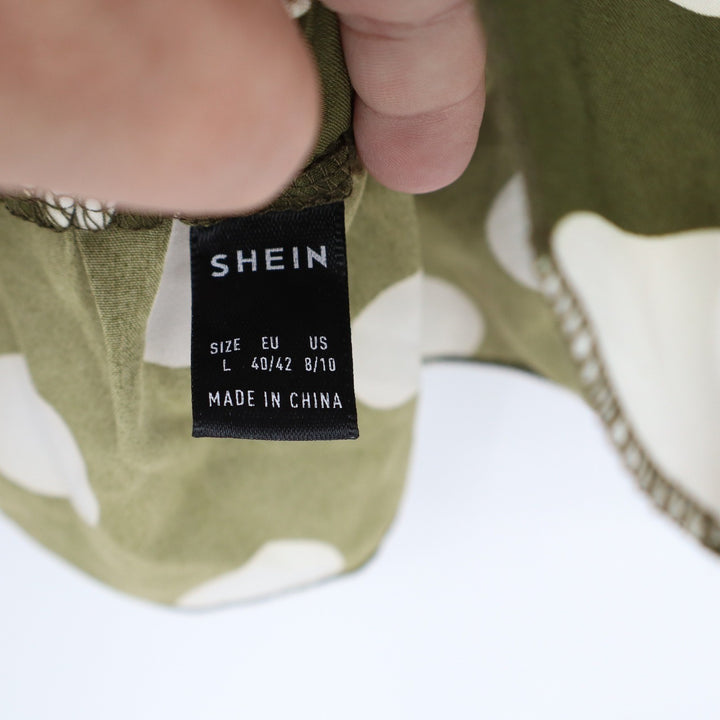 SHEIN Olive Green Polka Dot Ruffle Strap Peplum Top Back Tie Large L 8/10