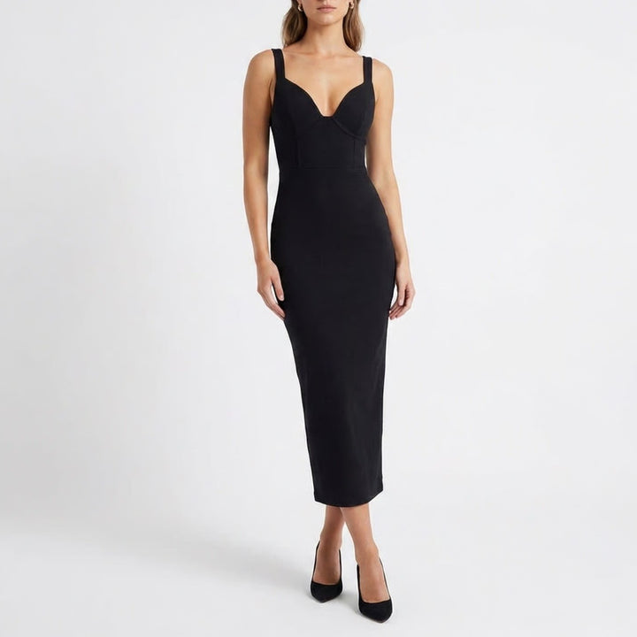 Naked Wardrobe Black Ribbed Bustier Midi Dress Size Medium