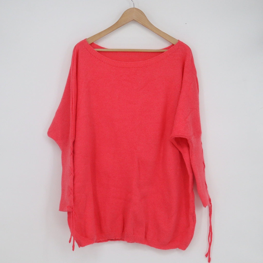 SHEIN Womens XXL 14 Coral Pink Lace Up Sleeve Boat Neck Oversized Knit Sweater