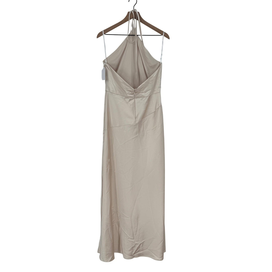 Lovely new beige satin halter bias cut asymmetric flowy maxi dress size L