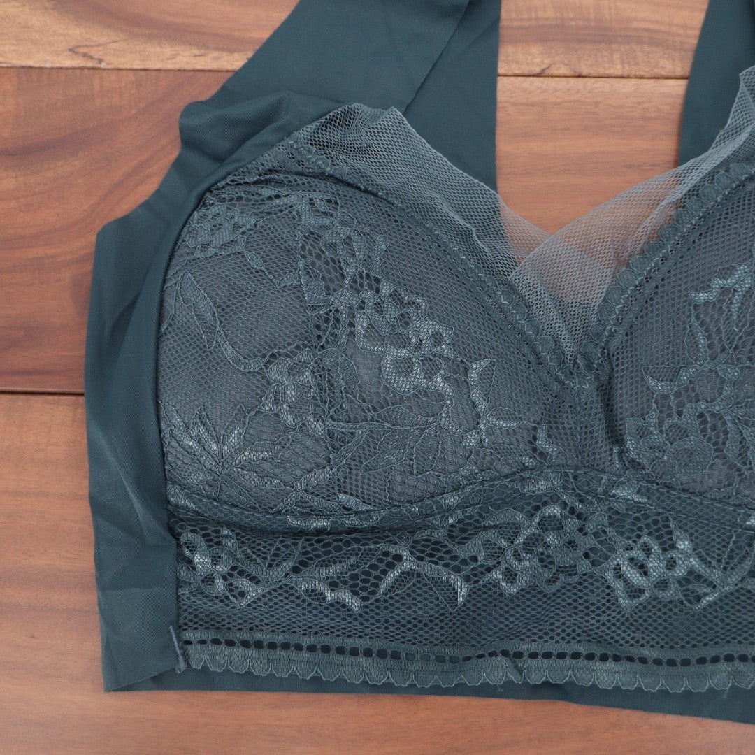 T-Shirt Bra Womens Charcoal Gray Underwire Lace Detail Wide Strap Full Coverage