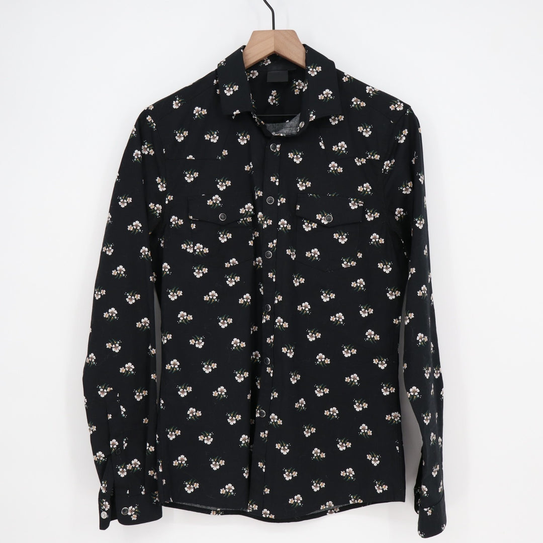 ASOS Western Shirt Men XS Black Cotton Floral Pearl Snap Spread Collar Button Up