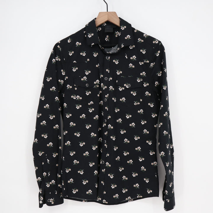 ASOS Western Shirt Men XS Black Cotton Floral Pearl Snap Spread Collar Button Up