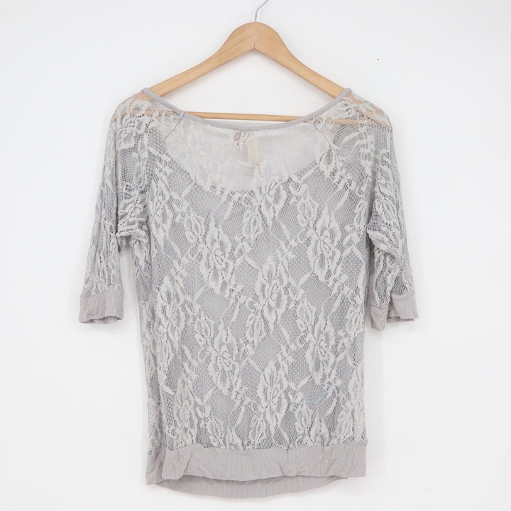 Eyeshadow Gray Floral Lace 3/4 Sleeve Scoop Neck Top XL