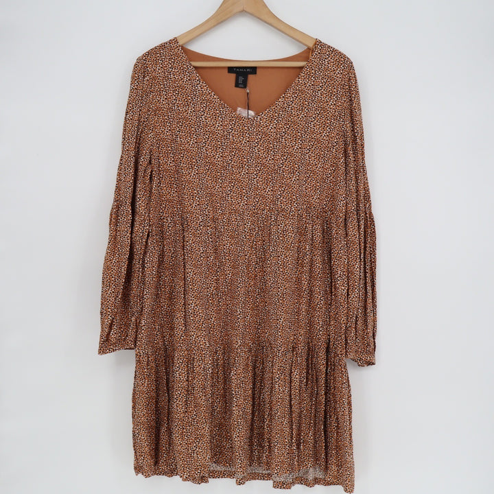 Tahari Terracotta Animal Print Tiered Babydoll V-Neck Mini Dress Mens Size M