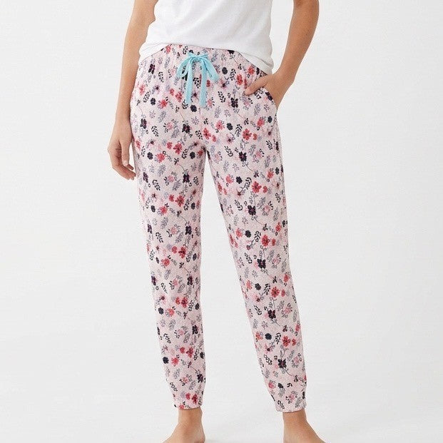 Roudelain Jogger Pajama Pants Women Small White Multi Floral Stretch Tapered Leg