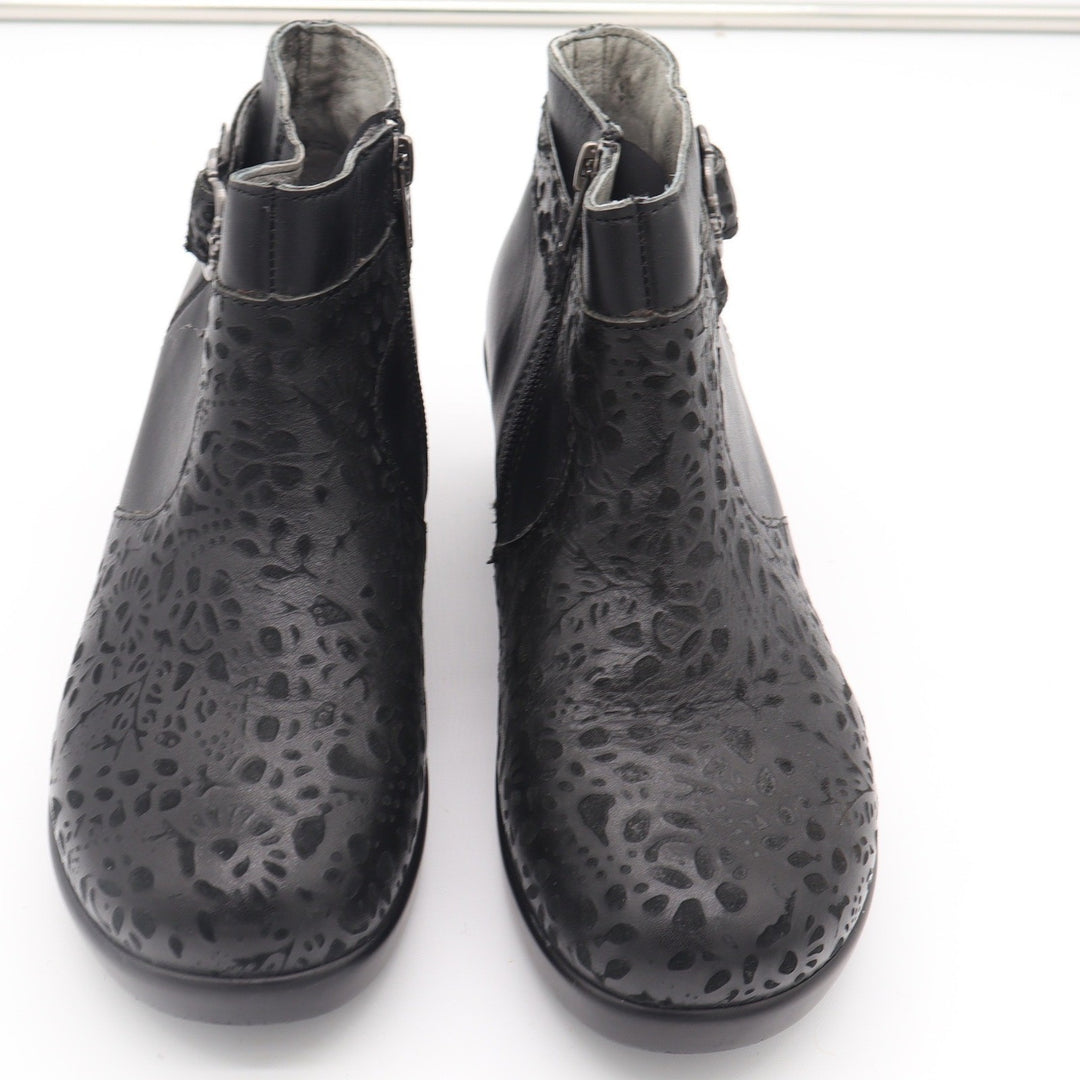 Alegria Cicely Black Leather Laser Cut Floral Ankle Wedge Boots Size 38