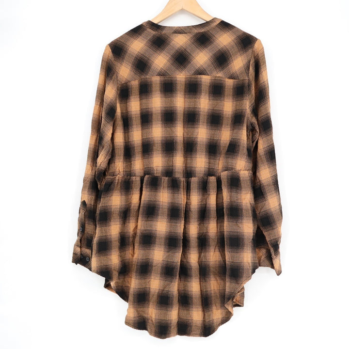 Torrid Emma Babydoll Crinkle Gauze Tunic Top Womens 0 Brown Plaid Long Sleeve