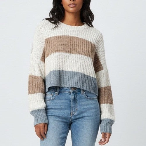 Moon & Madison Striped Cropped Sweater Size L Cream Brown Blue Acrylic Knit