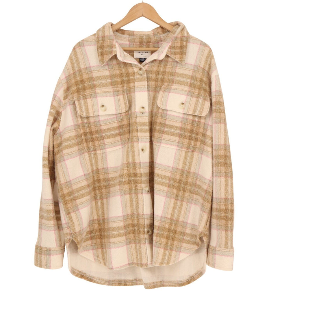 American Eagle Outfitters Fleece Love Shacket Womens Large Brown Plaid Oversized