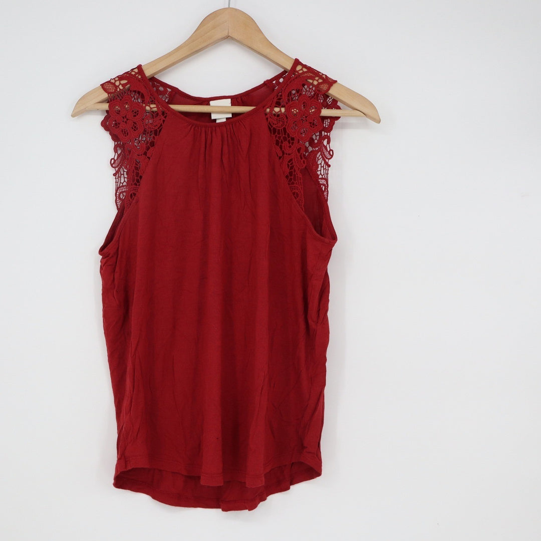 HM Womens Small Burgundy Red Sleeveless Crochet Lace Shoulder Blouse Top