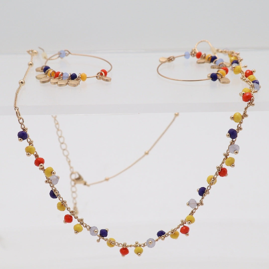 Boho Gold Tone Multi Color Seed Bead Necklace and Hoop Earring Jewelry Set