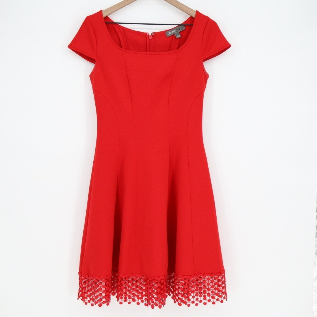 Donna Ricco Fit & Flare Dress Women 8 Red Stretch Back Zip Tulip Sleeve Lace Hem