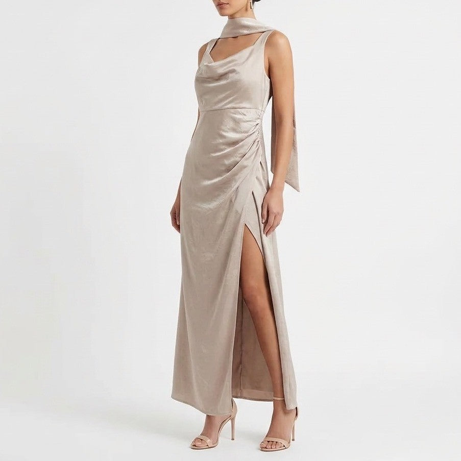 Lulus Champagne Satin Cowl Neck Ruched Maxi Dress XL Sleeveless Side Slit Formal