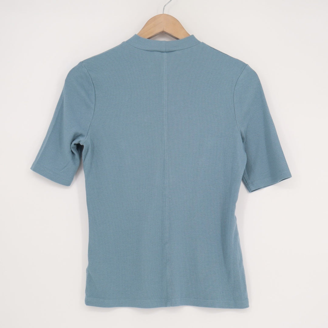 A New Day T Shirt Women Small Blue Cotton Stretch Ribbed Mock Neck Short Sleeve