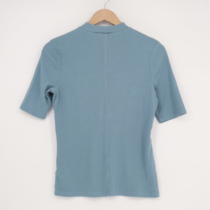 A New Day T Shirt Women Small Blue Cotton Stretch Ribbed Mock Neck Short Sleeve