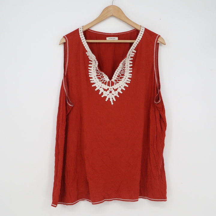 Max Studio Rust Red Crochet Lace Trim V-Neck Sleeveless Blouse Top