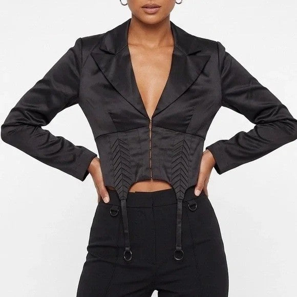 Naked Wardrobe The Statement Cropped Corset Garter Blazer Jacket Black  S