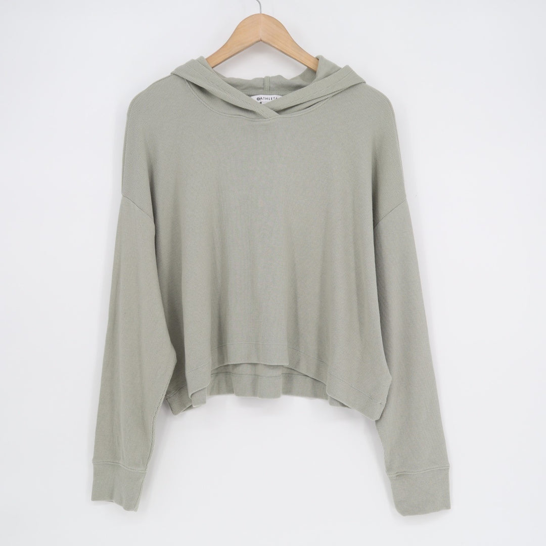 Athleta Hoodie Women Large Green Knit Ribbed Cotton Stretch Long Sleeve Pullover