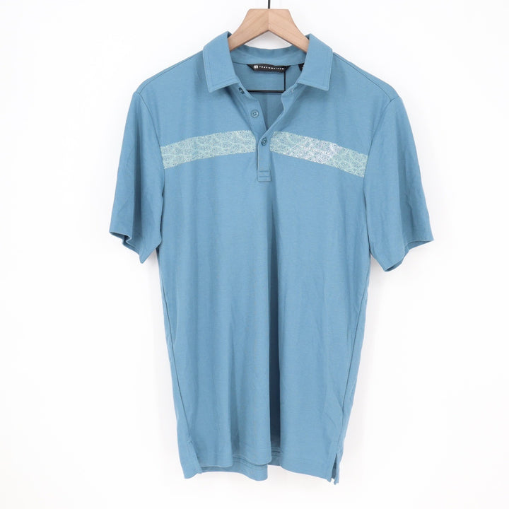TravisMathew Full Flight Blue Geometric Stripe Polo Shirt Mens Size S NEW