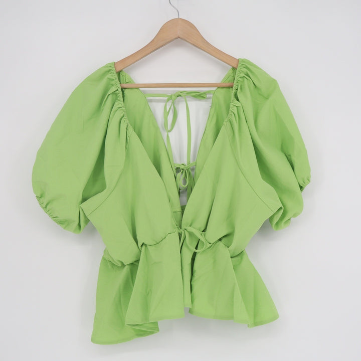 Lime Green Puff Sleeve Tie Back Peplum Blouse V-Neck Top Large