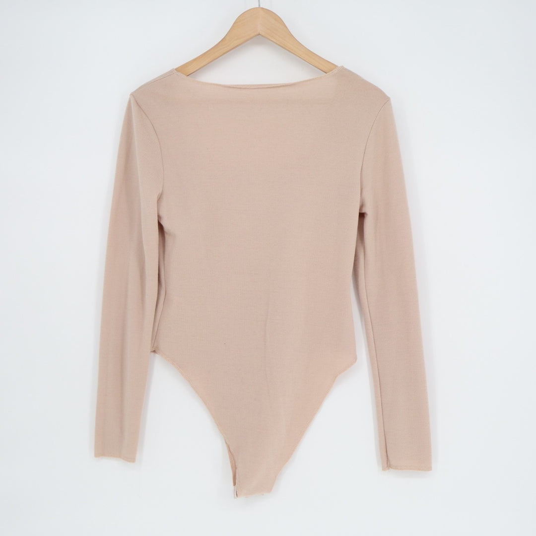 SheIn Corset Bodysuit Womens Medium Beige Stretch Knit Square Neck Long Sleeve