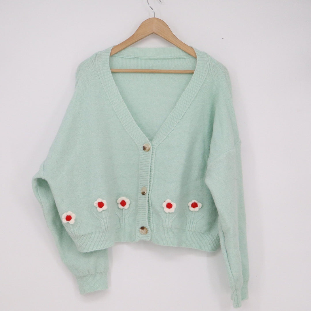 SHEIN Curve Mint Green Floral 3D Flower Button Front Cardigan Sweater 3XL