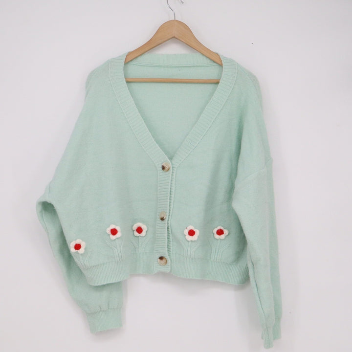 SHEIN Curve Mint Green Floral 3D Flower Button Front Cardigan Sweater 3XL