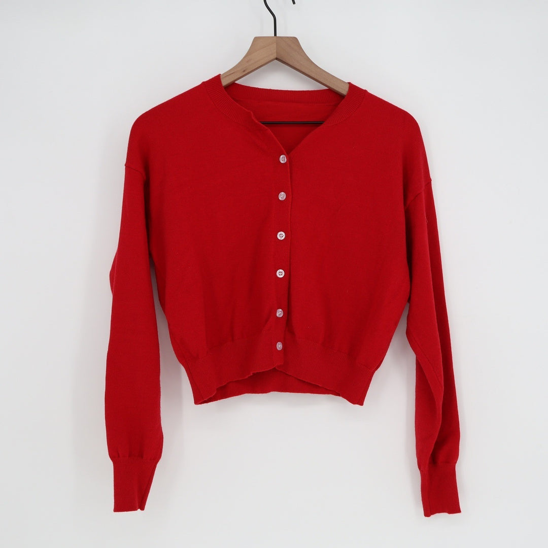 Red Cropped Button Front Cardigan Crew Neck Knit Sweater Mens M