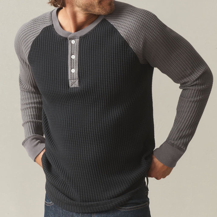 American Giant Shirt Mens Large Black Gray Colorblock Waffle Knit Henley Neck