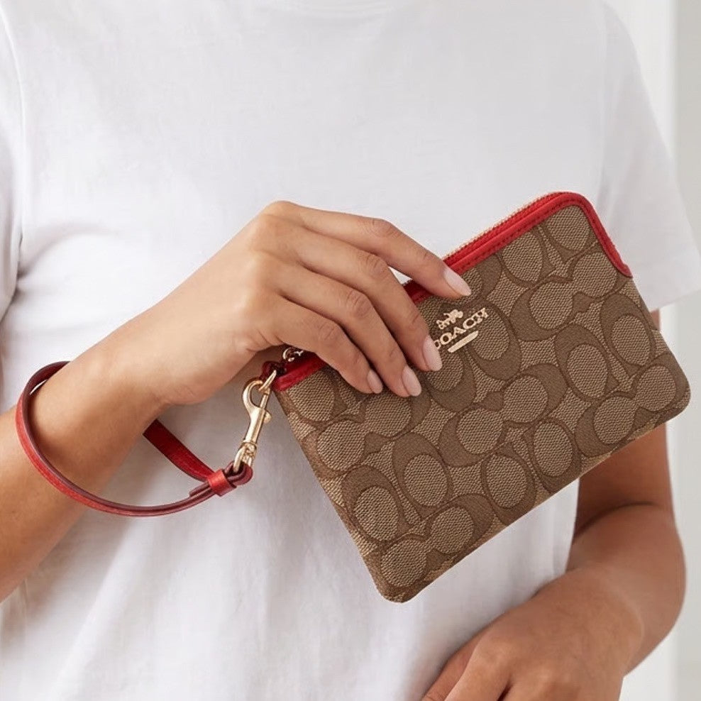 Coach Small Wristlet Signature Canvas Khaki Red Leather F58035 Gold Hardware